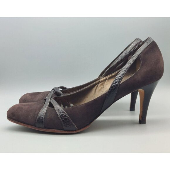 Ann Taylor Brown Suede Pumps Heels Shoes Leather Croc Straps Size 9M Career - Picture 6 of 14